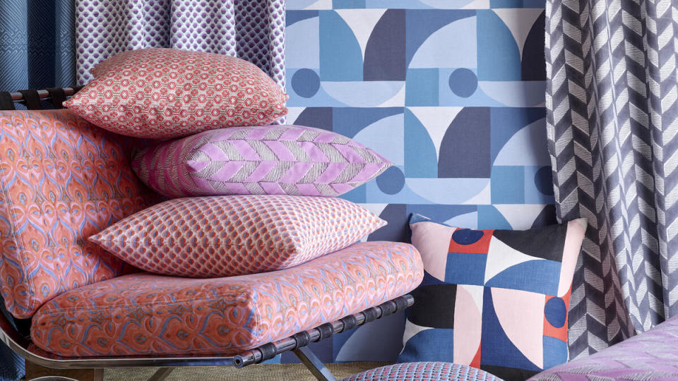 A selection of block print textiles by Serena Dugan Studio, including Condesa paper weave wallpaper in indigo