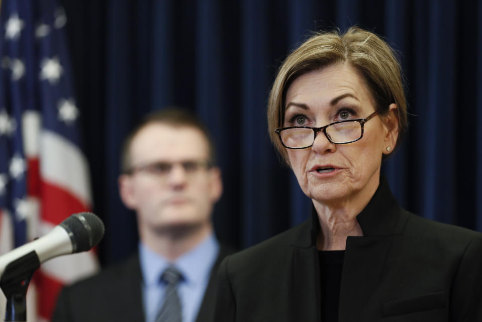 Iowa Gov. Kim Reynolds speaks during a news conference about an update on the state's response to the new coronavirus outbreak, Tuesday, March 10, 2020, at the Statehouse in Des Moines, Iowa. (AP Photo/Charlie Neibergall)