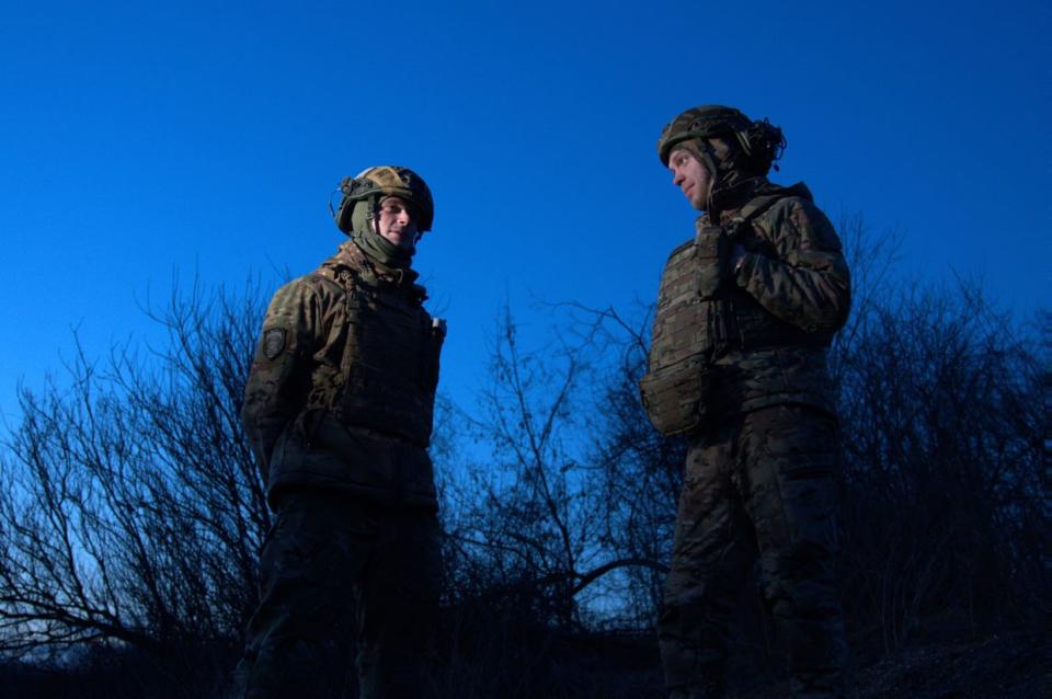 The soldiers of the Ukrainian Air Defense stand during combat duty in Kharkiv, Ukraine on Feb. 28, 2024. The mobile group of the Ukrainian Air Defense Forces includes fighters from the 50th Slobozhanska Brigade of the National Guard of Ukraine - 'Vaha', 'Barber', and 'Chub'. The military calls them 'ghost hunters.' The military are on round-the-clock duty. (Denys Klymenko /Gwara Media/Global Images Ukraine via Getty Images)