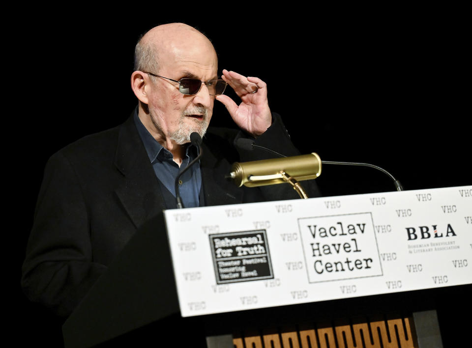 Author Salman Rushdie receives the Vaclav Havel Library Foundation's first ever lifetime achievement disturbing the peace award at the Vaclav Havel Center on Tuesday, Nov. 14, 2023, in New York. (Photo by Evan Agostini/Invision/AP)