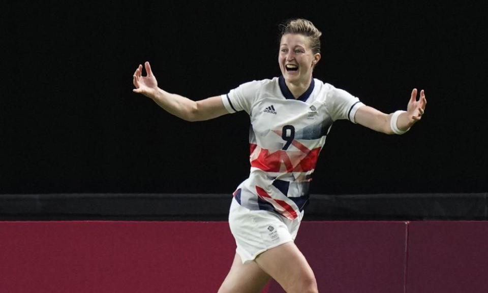 Britain’s Ellen White celebrates scoring her side’s opening goal during a women’s soccer match against Japan at the 2020 Summer Olympics, Saturday, July 24, 2021, in Sapporo, Japan. (AP Photo/Silvia Izquierdo)