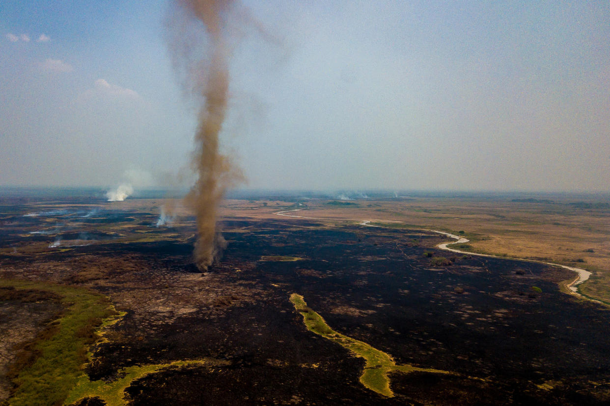 An aerial view in Pocone, Brazil, of smoke rising during a fire in the Pantanal wetlands on Sept. 24, 2020.