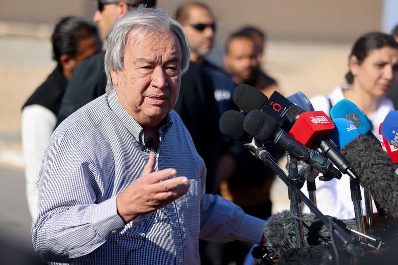 United Nations Secretary-General Antonio Guterres speaks to the media at at Al Arish Airport