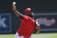 Minnesota Twins starting pitcher Michael Pineda throws to the Houston Astros in the first inning of a baseball game, Sunday, June 13, 2021, in Minneapolis. (AP Photo/Andy Clayton-King)