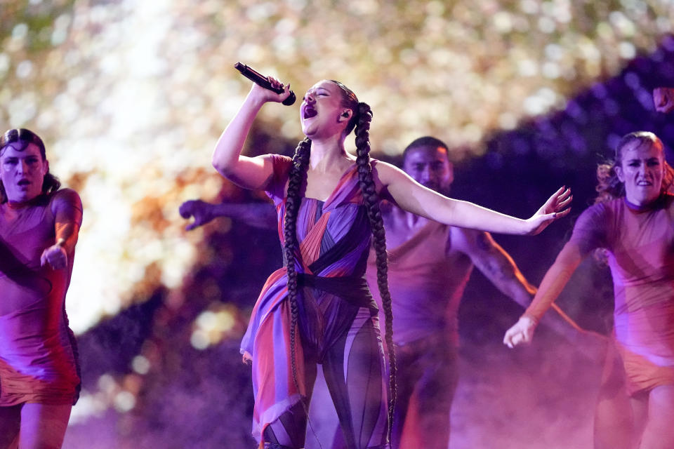 TALI of Luxembourg performs the song Fighter during the first semi-final at the Eurovision Song Contest in Malmo, Sweden, Tuesday, May 7, 2024. (AP Photo/Martin Meissner)