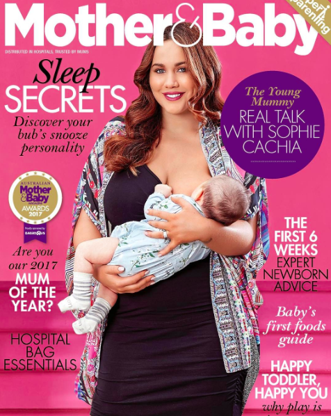 A breastfeeding mum has appeared on the cover of Mother & Baby magazine [Photo: Instagram/sophiecachia_tym]