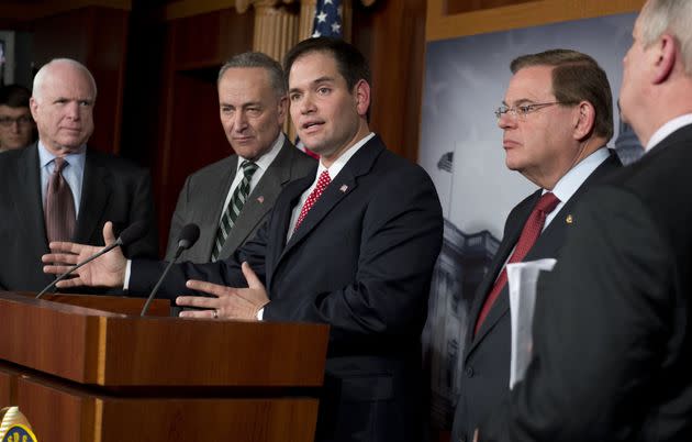 Sen. Marco Rubio (center), a Republican from Florida, speaks alongside (left to right) Sen. John McCain, Sen. Chuck Schumer, Sen. Robert Menendez and U.S. Sen. Dick Durbin during a press conference on an agreement for principles on a comprehensive immigration reform framework in the U.S. Capitol in Washington, D.C., on Jan. 28, 2013.