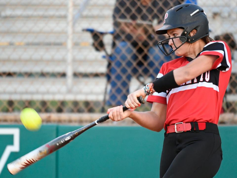 Palmetto Tigers' MaKenna Lee at bat against Venice, Wednesday evening March 22, 2023, at Venice High School.
