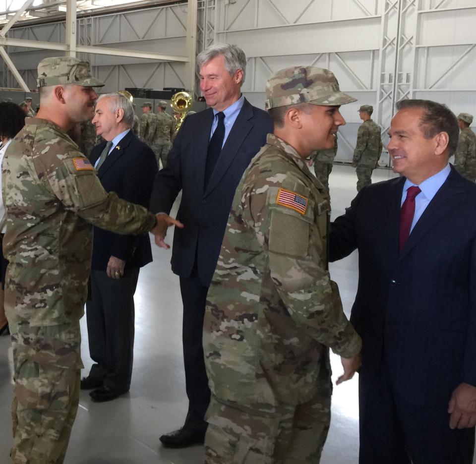 On May 30, 2022, Sen. Sheldon Whitehouse, center, joins Sen. Jack Reed, second from left, and Rep. David Cicilline, right, at a Yellow Ribbon sendoff for Company A, 1-182 Infantry, Rhode Island Army National Guard.