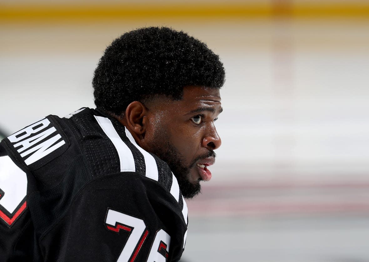 NEWARK, NEW JERSEY – JANUARY 06: P.K. Subban #76 of the New Jersey Devils stretches during warm ups before the game against the Columbus Blue Jackets at Prudential Center on January 06, 2022 in Newark, New Jersey. (Photo by Elsa/Getty Images)