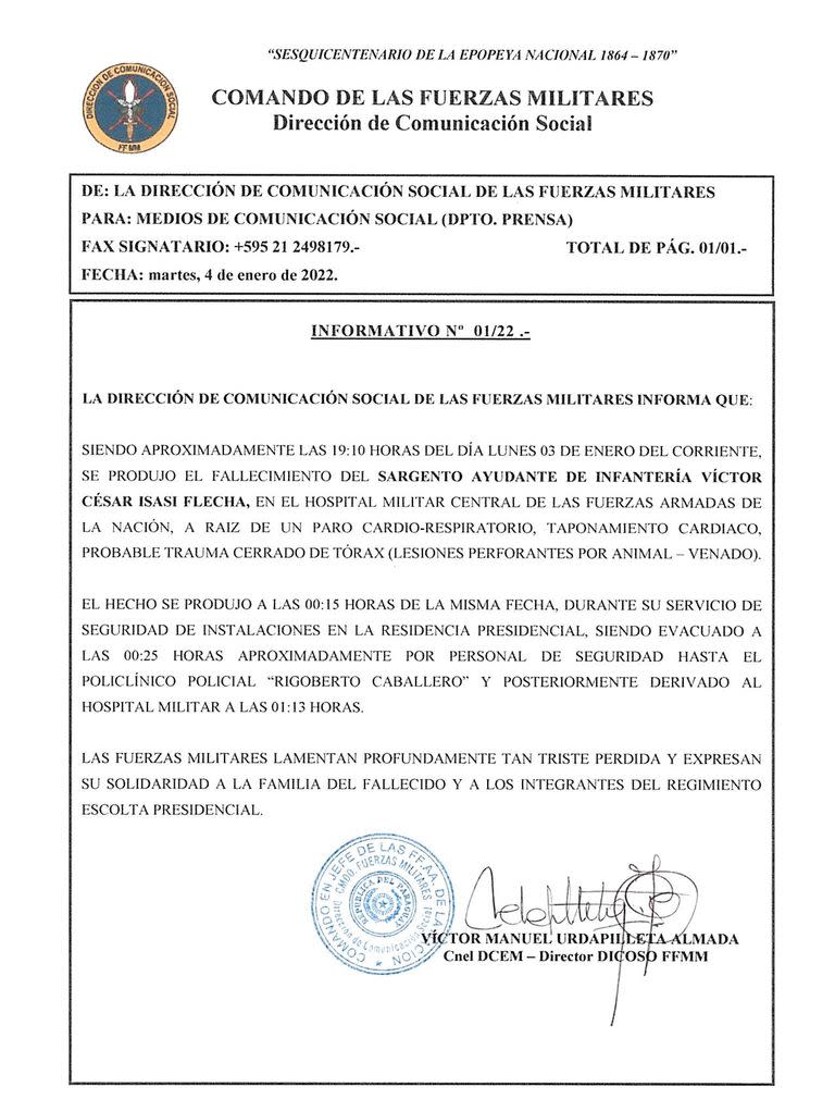 Las Fuerzas Militares de Paraguay comunicaron el fallecimiento de un oficial a causa del ataque de un ciervo presidencial