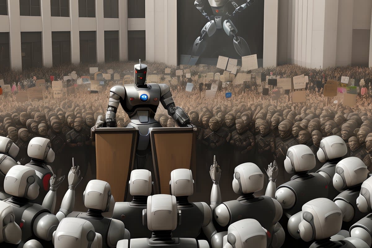 An AI generated artwork depicting a fascistic robot leader in front of a crowd of angry protestors (Dall-E / Evening Standard)