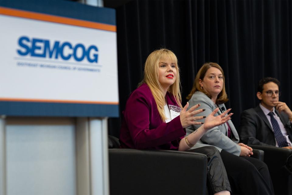 Hillary Doe, at far left, speaking at the Southeast Michigan Council of Governments (SEMCOG) panel on Oct. 26, 2023. She is traveling the state listening and collecting feedback from Michiganders to inform the state’s overall population growth strategy.