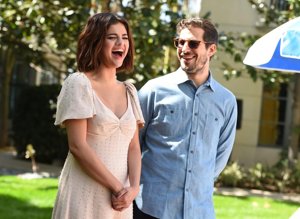 Selena Gomez, left, and Andy Samberg promoting "Hotel Transylvania 3: Summer Vacation" in Culver City, California, in 2018.