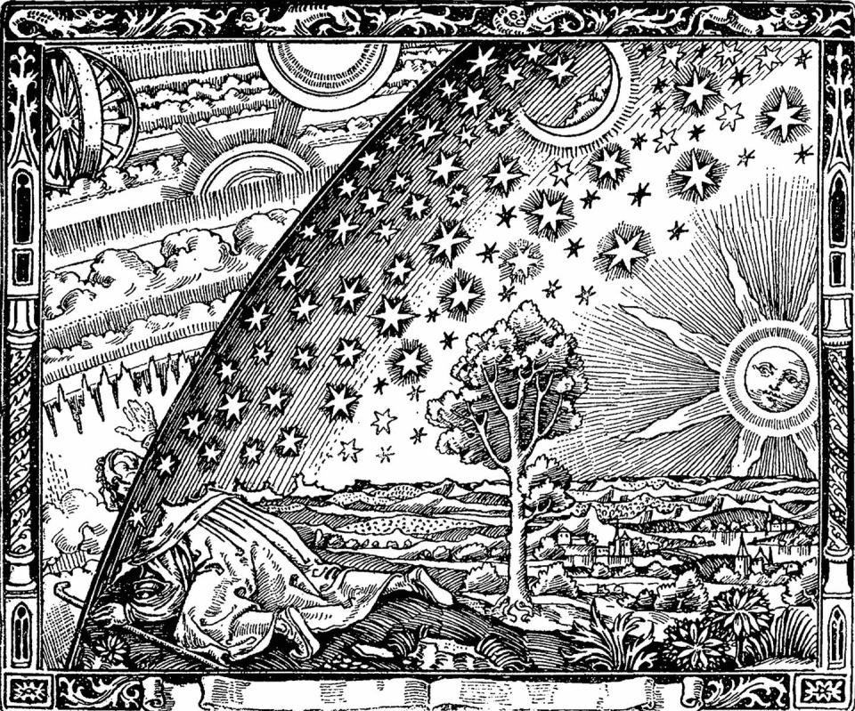 <span class="caption">El grabado Flammarion, en madera y de artista desconocido, apareció por primera vez en _L'atmosphère: météorologie populaire_ (1888) de Camille Flammarion. La leyenda del grabado (que no se muestra aquí) dice "Un misionero medieval cuenta que ha encontrado el punto donde el cielo y la tierra se encuentran...".</span> <span class="attribution"><a class="link " href="https://commons.wikimedia.org/wiki/File:Flammarion.jpg" rel="nofollow noopener" target="_blank" data-ylk="slk:Wikimedia Commons;elm:context_link;itc:0;sec:content-canvas">Wikimedia Commons</a></span>