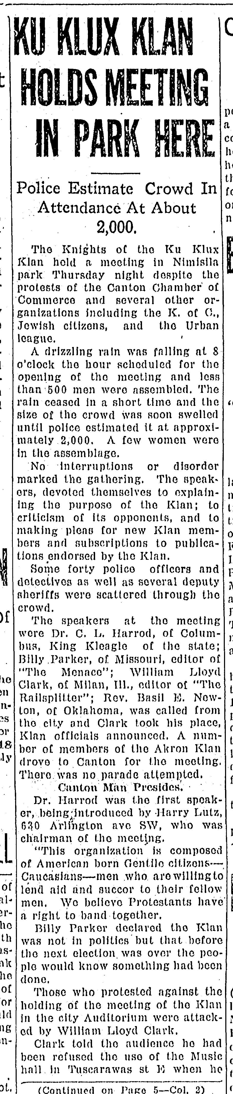 A 1922 Canton Repository headline shared the news the Ku Klux Klan planned a May meeting in Canton.