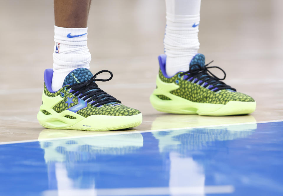 Nov 8, 2023; Oklahoma City, Oklahoma, USA; A detailed view of Oklahoma City Thunder guard Shai Gilgeous-Alexander (2) shoes during the second half against the Cleveland Cavaliers at Paycom Center. Oklahoma City won 128-120. Mandatory Credit: Alonzo Adams-USA TODAY Sports