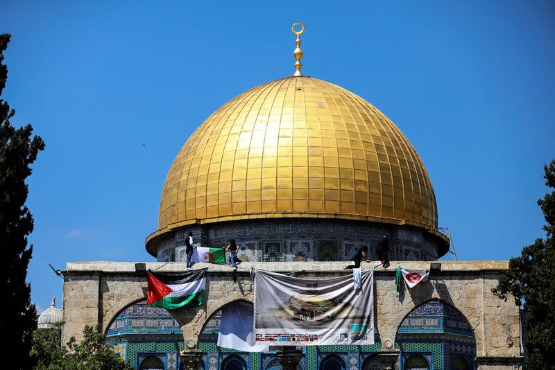 Palestinians gather on the fourth Friday of the holy month of Ramadan on Al-Aqsa compound, also known to Jews as Temple Mount, in Jerusalem's Old City