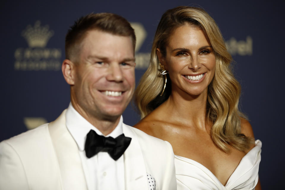 David Warner (L) and Candice Warner arrive ahead of the 2020 Cricket Australia Awards at Crown Palladium on February 10, 2020 in Melbourne, Australia