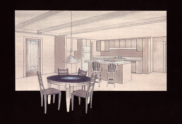 Sleepless in Seattle. Kitchen in Sam’s Houseboat. Production Design by Jeffrey Townsend. Illustration by Roger Shank