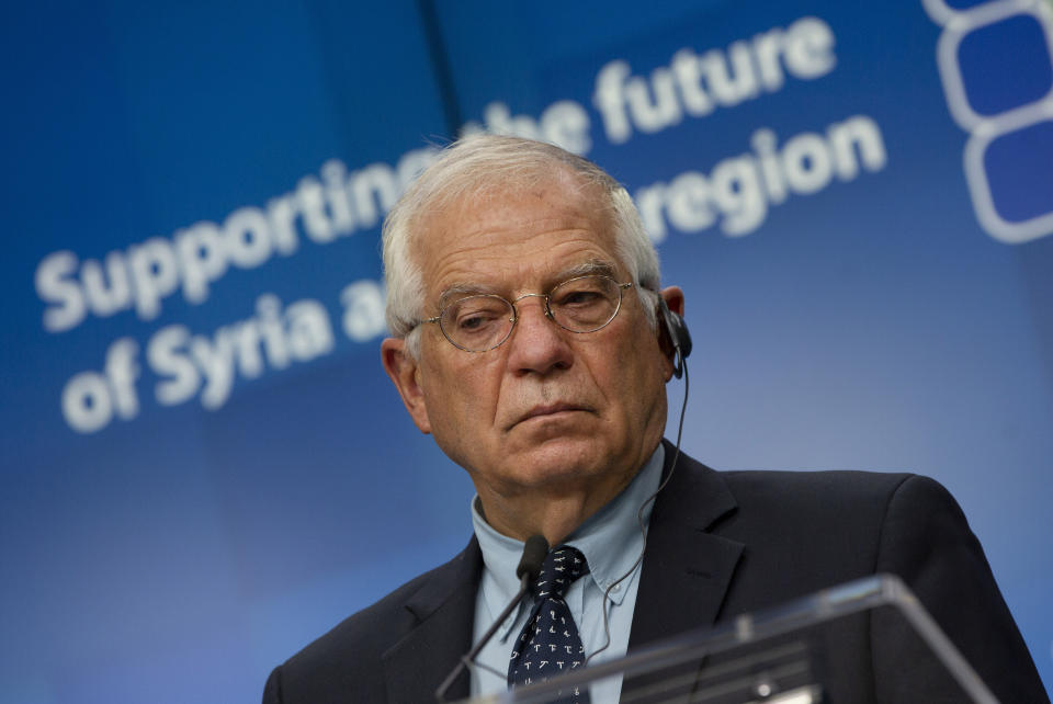 European Union foreign policy chief Josep Borrell speaks during a media conference after a meeting, Supporting the future of Syria and the Region, in videoconference format at the European Council building in Brussels, Tuesday, June 30, 2020. (AP Photo/Virginia Mayo, Pool)