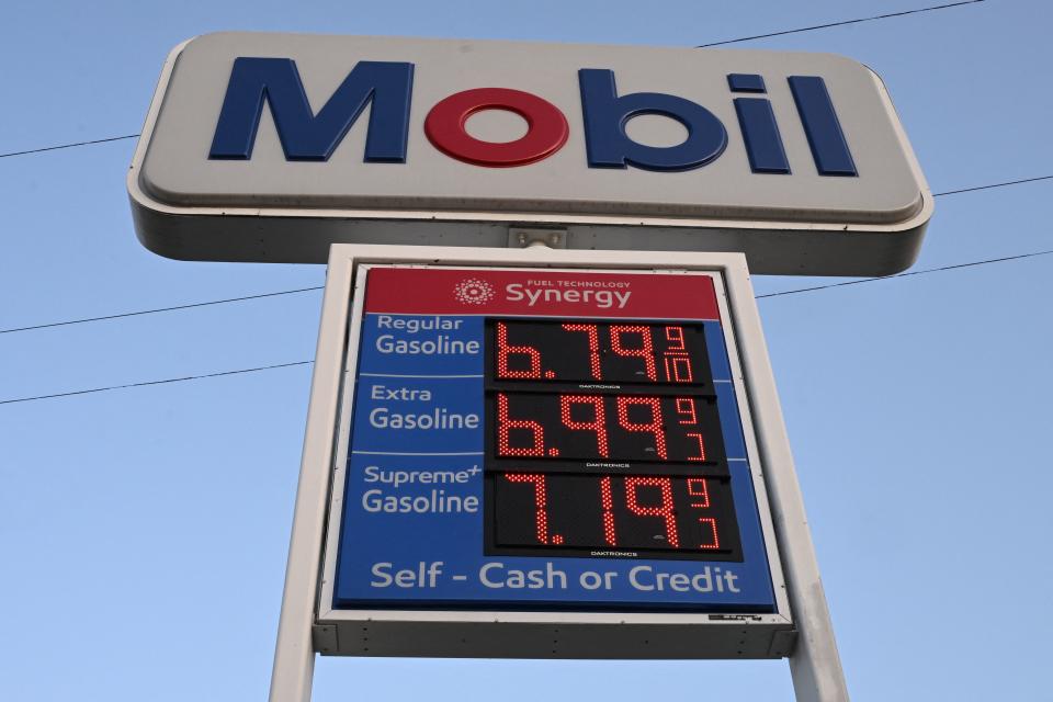 Gas prices are seen at a Mobil gas station in Los Angeles on September 28, 2023. California gas prices are nearing USD $7 per gallon in some locations as oil prices surge toward $100 a barrel. (Photo by Robyn Beck / AFP) (Photo by ROBYN BECK/AFP via Getty Images)