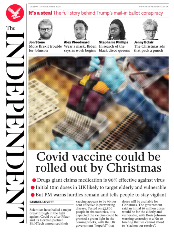 The Independent said the coronavirus vaccine could be available by Christmas.