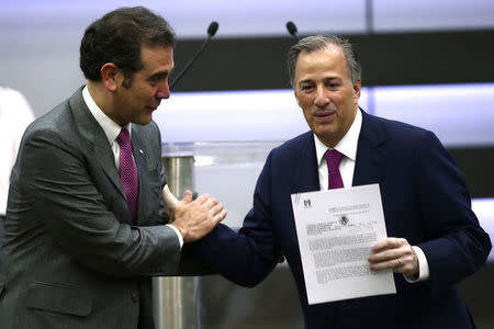 Institutional Revolutionary Party (PRI) candidate Jose Antonio Meade shakes hands with Lorenzo Cordova Vianello, President of the National Electoral Institute (INE), after registering as presidential candidate in Mexico City, Mexico March 18, 2018. REUTERS/Edgard Garrido