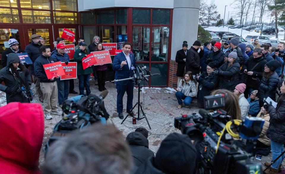 Florida Governor Ron DeSantis speaks during a press conference outside of the Thomas F. Sullivan Ice Arena on Friday, Jan. 19, 2024, in Manchester, New Hampshire.