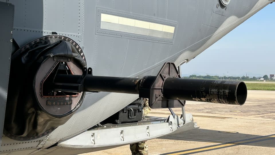 A 105mm howitzer is seen at the rear of a US Air Force AC-130J at Osan Air Base, South Korea, in early June 2024. - Brad Lendon/CNN
