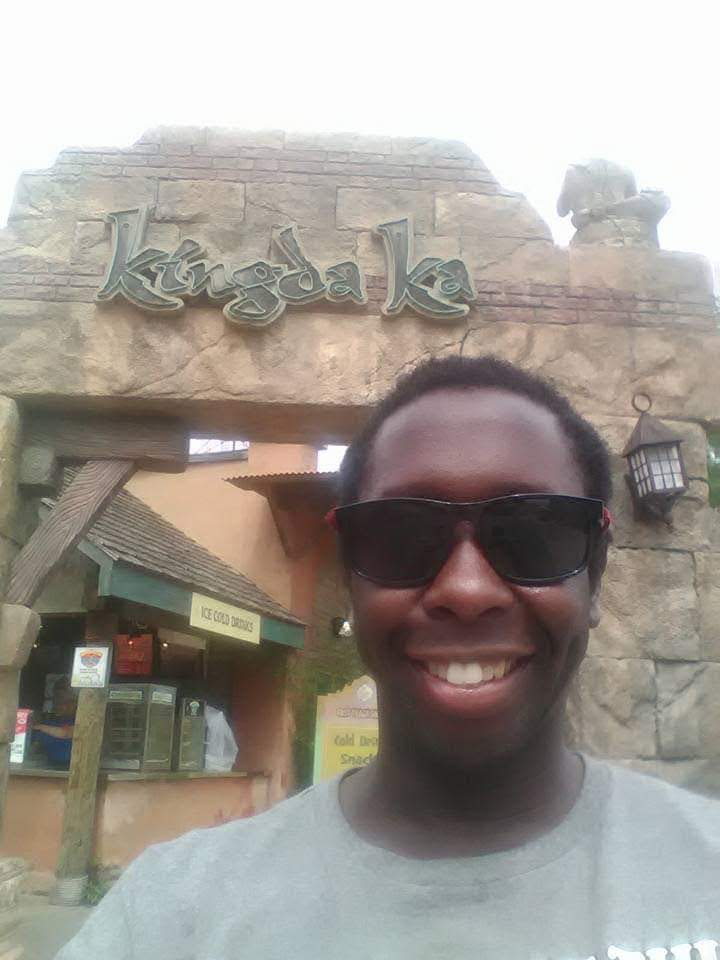 Dashawn Bethea of East Orange captures a photograph of himself in front of the entrance of Kingda Ka, his favorite ride, at Six Flags Great Adventure in July 2017.