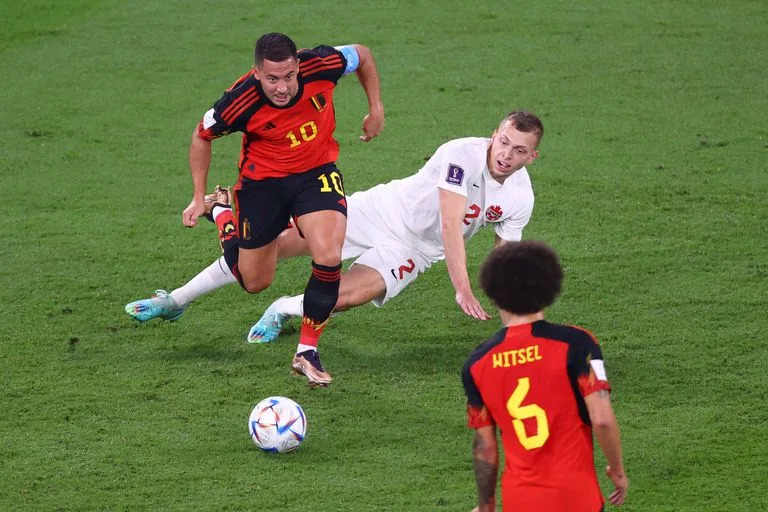 AL-RAYYAN, QATAR - NOVEMBER 23: Eden Hazard (10) of Belgium in action during the FIFA World Cup Qatar 2022 Group F match between Belgium and Canada at Ahmad Bin Ali Stadium in Al-Rayyan, west of Doha, Qatar, on November 23, 2022. (Photo by Evrim Aydin/Anadolu Agency via Getty Images)