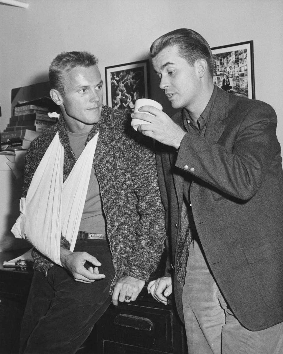 <p>Here, Tab Hunter and Dick Clark chat backstage at <em>The</em> <em>Dick Clark Show, </em>which he appeared on several times<em>. </em>From 1960-1961, Hunter had a show of his own, <em>The Tab Hunter Show</em>, which aired on NBC opposite <em>The Ed Sullivan Show</em>. </p>