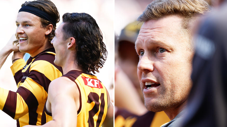 Sam Mitchell and Jack Ginnivan during Hawthorn's clash with Essendon.