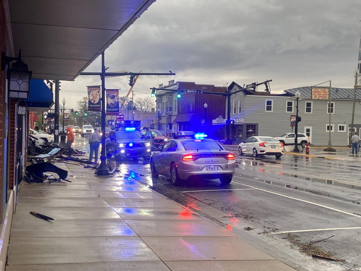 Debris from the roof of a building downtown Bucyrus was strewn across Sandusky Avenue during Wednesday afternoon's storm.