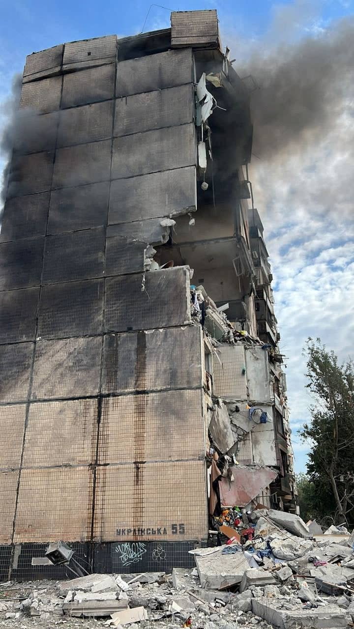 A view shows an apartment building heavily damaged by a Russian missile strike, amid Russia's attack on Ukraine, in Kryvyi Rih, Ukraine July 31, 2023. (via REUTERS)