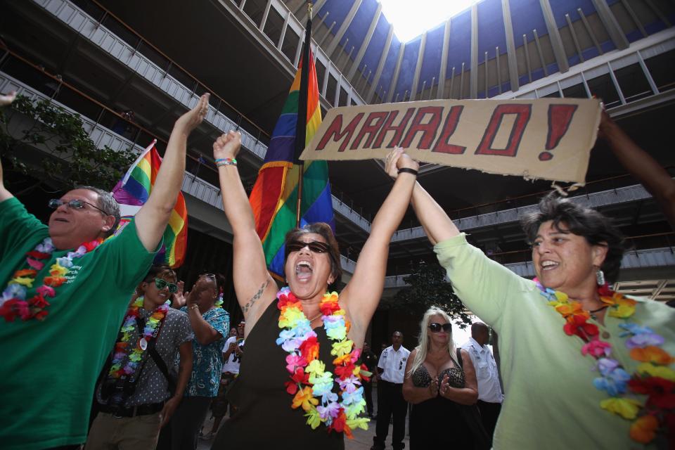 Young and Zeleznik celebrate after the Hawaii State Senate approved a bill allowing same-sex marriage to be legal in the state of Hawaii, in Honolulu