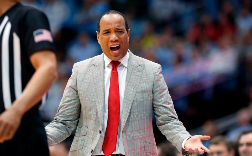 N.C. State head coach Kevin Keatts is not happy with the call during the first half of N.C. State’s against North Carolina at the Smith Center in Chapel Hill, N.C., Tuesday, Feb. 25, 2020.