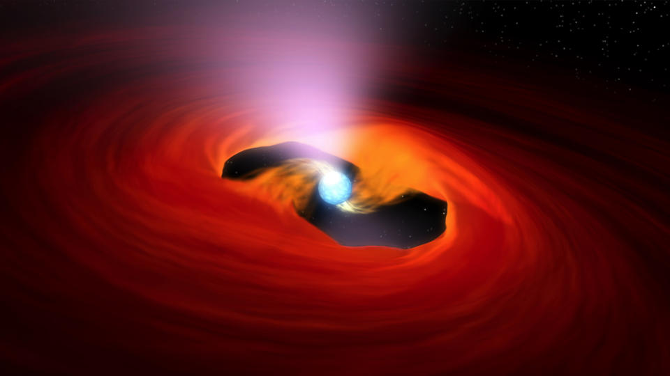 An artist's depiction of a rapidly rotating neutron star, or pulsar, snatching material.