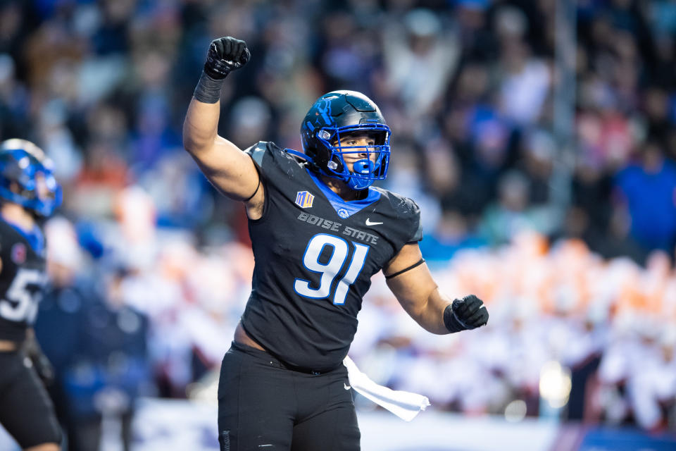 BOISE, ID - NOVEMBER 5: Boise State Broncos defensive tackle Ahmed Hassanein (91) celebrates after a big play during a college football game between the Brigham Young Cougars and the Boise State Broncos on November 5, 2022, at Albertsons Stadium in Boise, ID. (Photo by Tyler Ingham/Icon Sportswire via Getty Images)