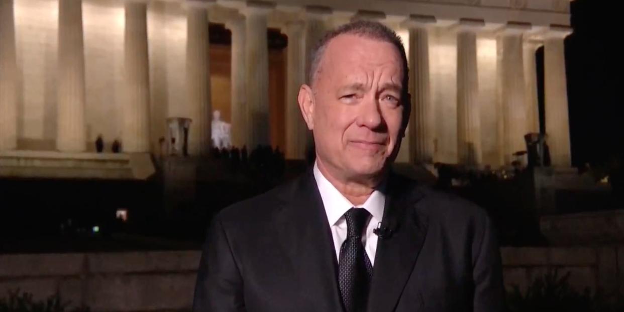 n this screengrab, Tom Hanks speaks during the Celebrating America Primetime Special on January 20, 2021. The livestream event hosted by Tom Hanks features remarks by president-elect Joe Biden and vice president-elect Kamala Harris and performances representing diverse American talent.