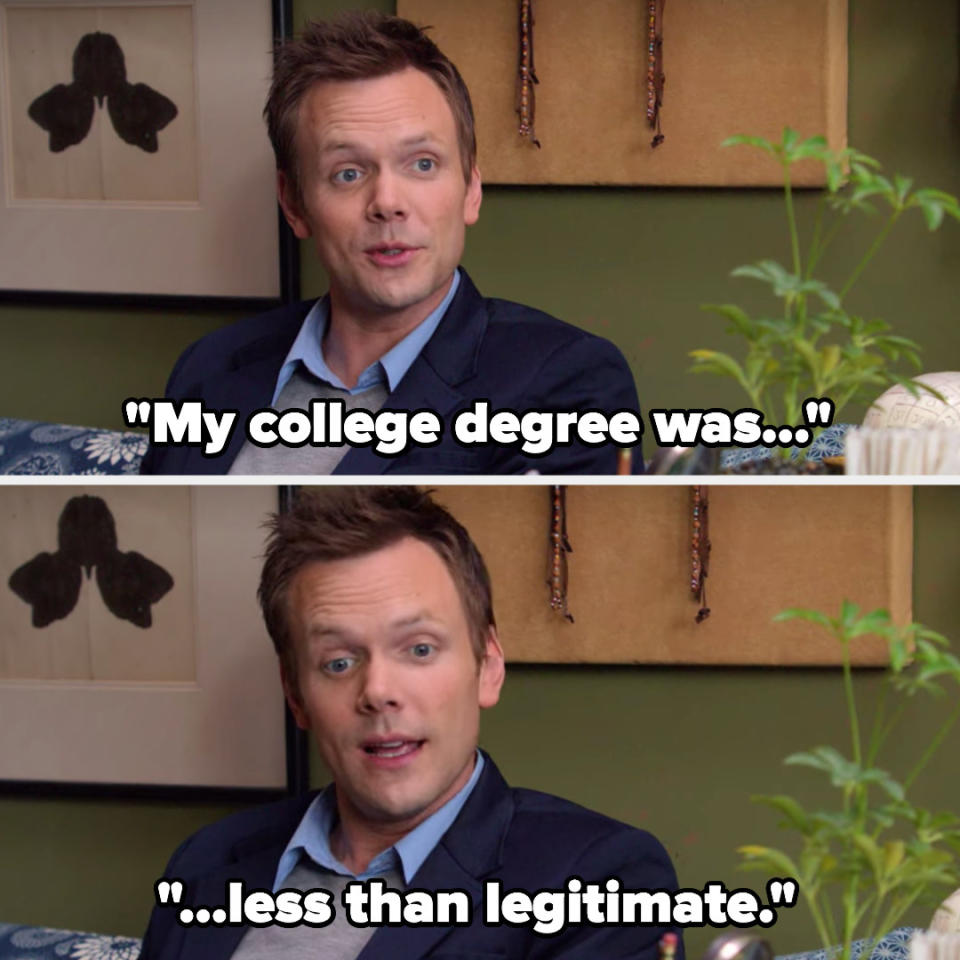 Jeff saying "My college degree was...less than legitimate" in Community