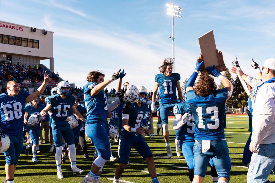 Beaver High School celebrates their championship win against Enterprise High School for the 1A football state championship at Southern Utah University in Cedar City on Saturday, Nov. 11, 2023. | Megan Nielsen, Deseret News