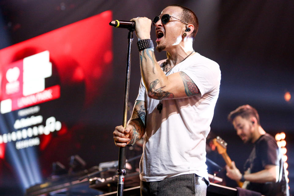 <p>The Linkin Park singer’s <a rel="nofollow" href="https://www.yahoo.com/entertainment/chester-bennington-apos-autopsy-report-233128041.html" data-ylk="slk:death;elm:context_link;itc:0;sec:content-canvas;outcm:mb_qualified_link;_E:mb_qualified_link;ct:story;" class="link  yahoo-link">death</a> at just 41 was unexpected, even though Bennington had struggled with depression and addiction for years. <a rel="nofollow noopener" href="http://www.tmz.com/2017/12/06/chester-bennington-attempted-suicide-drowning-swimming-pool-coroner-hog-tied/" target="_blank" data-ylk="slk:TMZ;elm:context_link;itc:0;sec:content-canvas" class="link ">TMZ</a> later reported that he had attempted suicide nine months before he died on July 20 — the birthday of his late friend Chris Cornell. (Photo: Getty Images) </p>