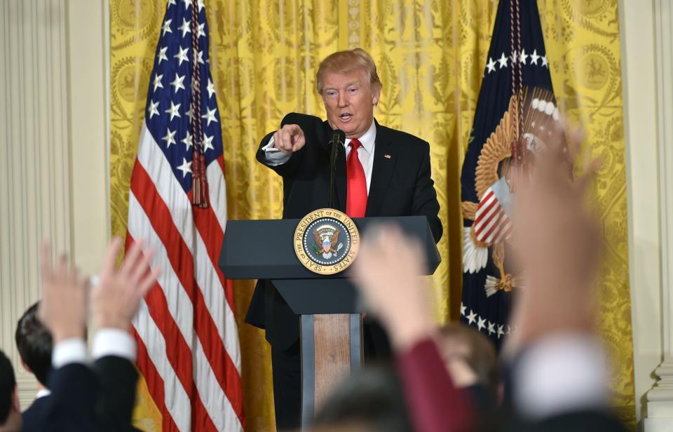 US President Donald Trump takes a question as he speaks during a press conference — his first — on Feb. 16, 2017, at the White House.