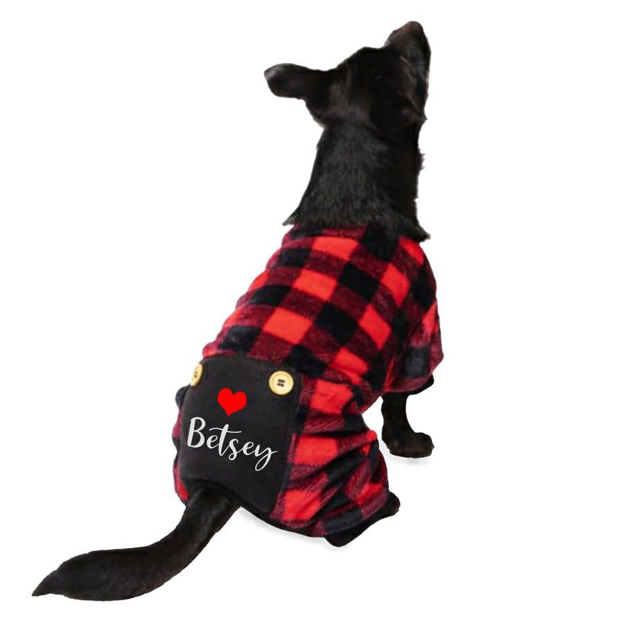 Dog wearing Personalized Buffalo Plaid Pet Pajamas