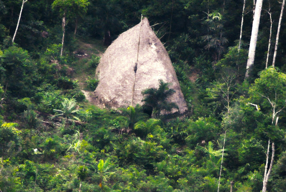 This 2017 photo released by the National Indian Foundation (FUNAI) shows a “maloca,” or long house, in Vale do Javari, Amazonas state, Brazil. (FUNAI via AP)