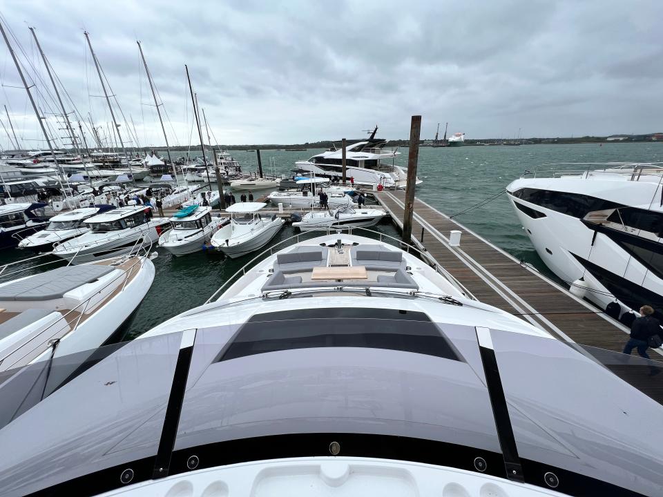 The view of the bow of a Sunseeker76 yacht as viewed form the flybridge