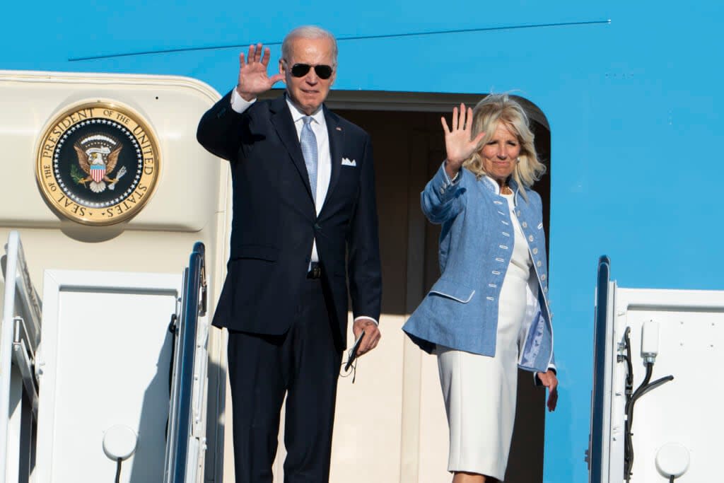 President Joe Biden with first lady Jill Biden wave before boarding Air Force One at Andrews Air Force Base, Md., en route to Philadelphia to deliver a prime-time speech at Independence Hall, Thursday, Sept. 1, 2022. The president’s speech will lay out what he sees as the risks from those he has dubbed “ultra-MAGA Republicans” to the nation’s system of government, its standing abroad and its citizens’ way of life. (AP Photo/Manuel Balce Ceneta)