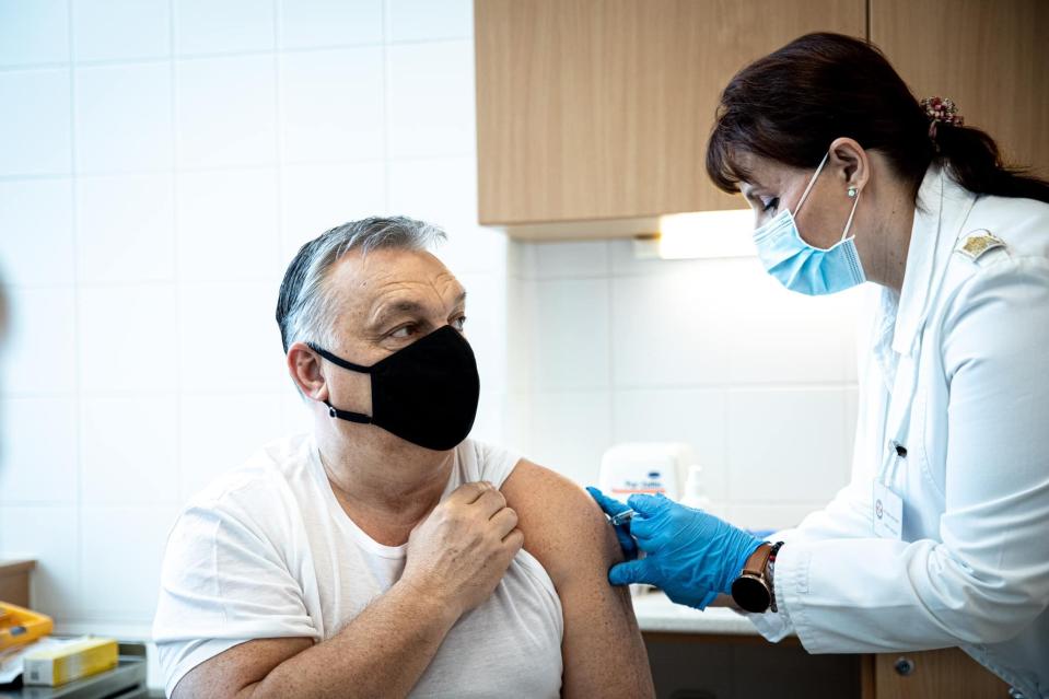 This photo from Facebook page of Hungarian Prime Minister Viktor Orban shows him receiving the COVID-19 vaccine, making him the only leader of EU to receive the vaccine produced in China, in Hungary, Sunday, Feb. 28, 2021. Hungary have agreed to purchase 5 million doses of the vaccine developed by Sinopharm, enough to treat 2.5 million people. (Viktor Orban Facebook via AP)